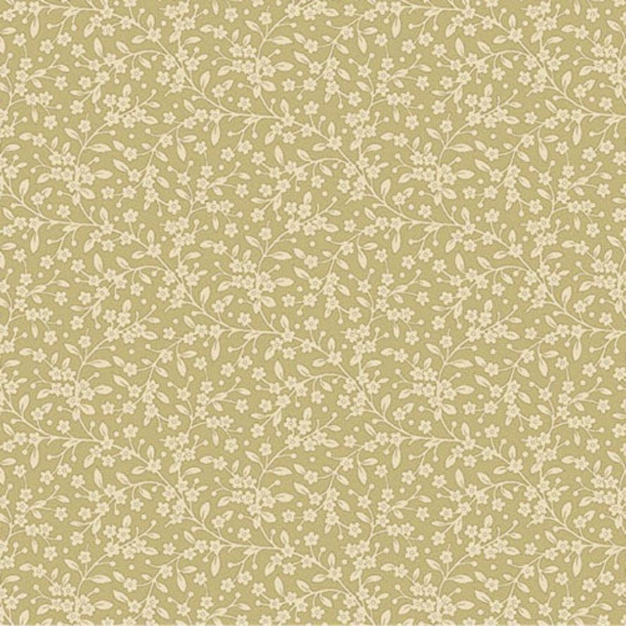 Ebony Petite Petals fabric with a delicate cream floral vine pattern on a light olive green background.