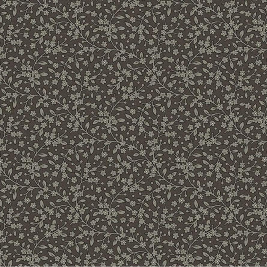 Dark brown fabric with a delicate pattern of small, light grey flowers and vines.