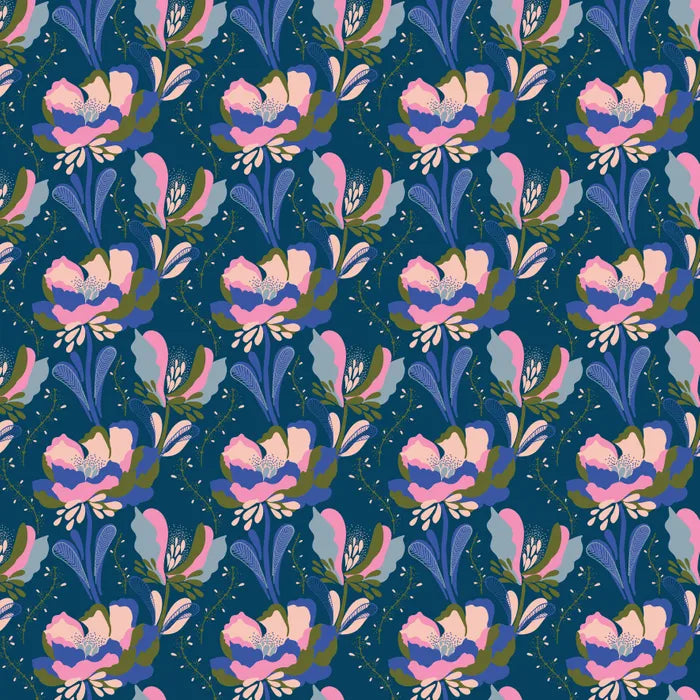 A repeating floral pattern featuring stylized pink and lavender flowers with blue and green leaves on a deep teal background.