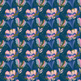 A repeating floral pattern featuring stylized pink and lavender flowers with blue and green leaves on a deep teal background.