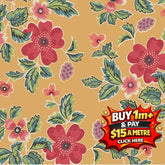 Rambling Rose A-1196-O Renee Nanneman fabric with red and pink flowers, green leaves on a gold background.