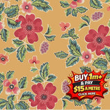 Rambling Rose A-1196-O Renee Nanneman fabric with red and pink flowers, green leaves on a gold background.