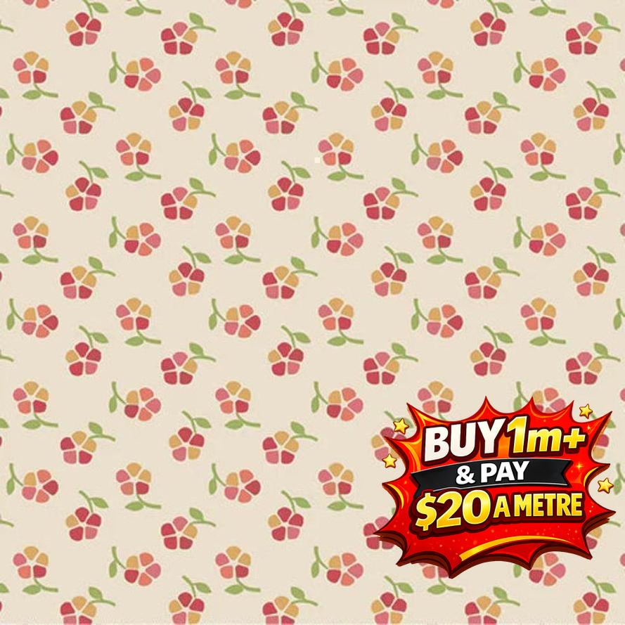 Rambling Rose A-1199-N Renee Nanneman fabric with small red and yellow floral pattern on a cream background.