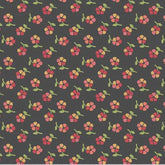 Dark gray fabric with a repeating pattern of small red and yellow flowers with green stems.