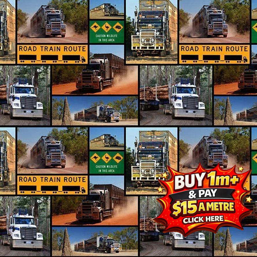 Fabric with a collage of road trains, caution signs, and dusty routes, featuring a "Buy 1m+" offer.