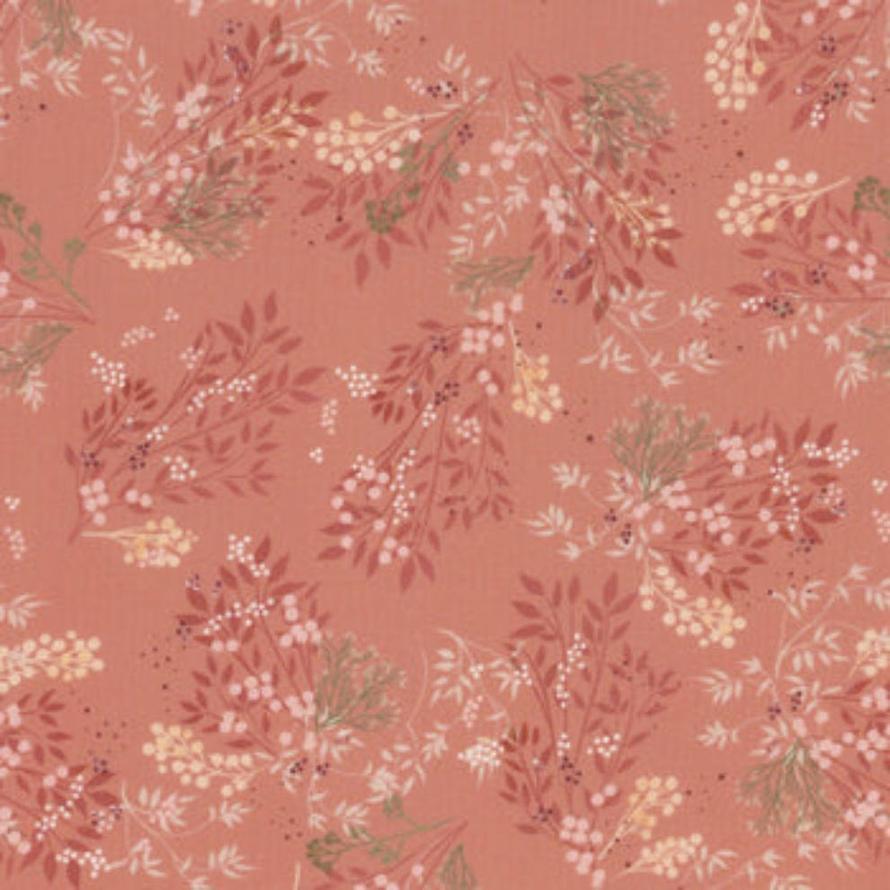 Robert Kaufman Deer Wilds fabric: terracotta with delicate white, cream, and green floral sprigs.