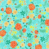 Robert Kaufman Faraway Florals Sky fabric with orange, yellow, and peach flowers on a light blue background.