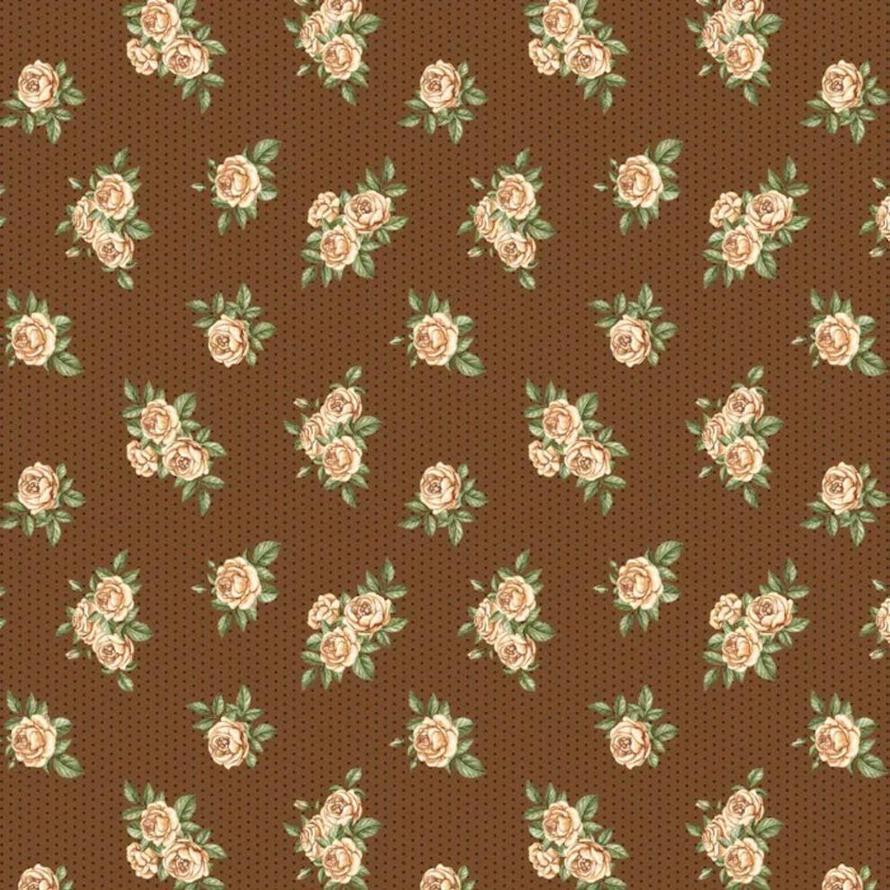 Brown fabric with a repeating pattern of delicate cream and peach roses with green leaves.
