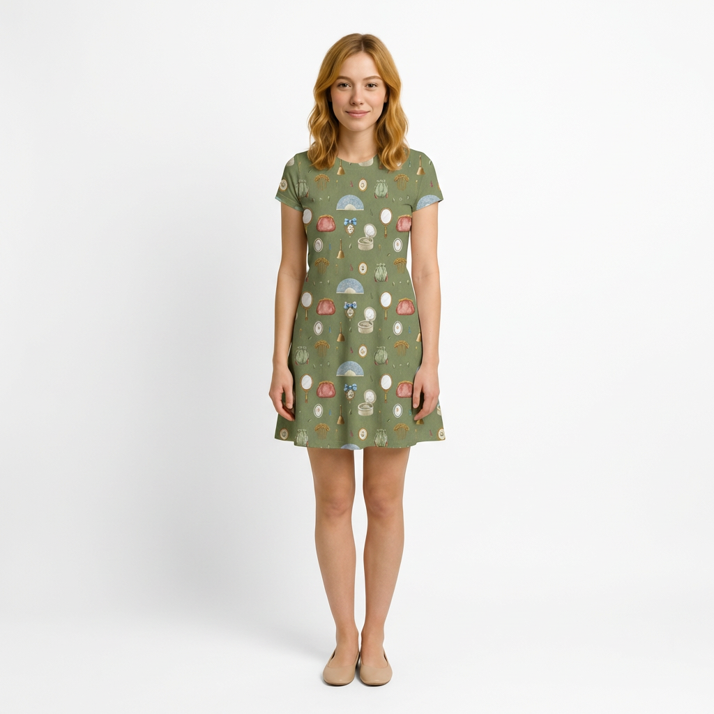 Woman in a short-sleeve STORYBOOK GREEN ALLOVER DV6028 dress with a whimsical purse and mirror pattern.