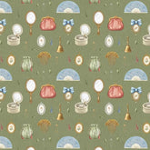 Storybook Green Allover DV6028 fabric with vintage accessories like mirrors, purses, fans, and combs.