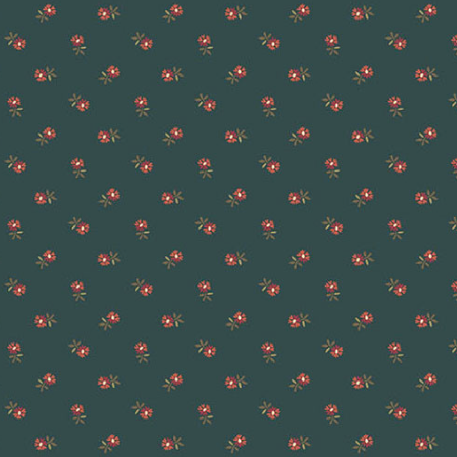 A repeating floral pattern on a dark teal-green background, featuring small red flowers with yellow centers and olive-green leaves.