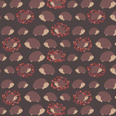 A repeating pattern of small hedgehogs on a dark brown background, with some hedgehogs framed in circular red leaf wreaths. The hedgehogs are cream and brown, and the background is a solid dark brown.