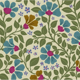 A repeating floral pattern with large blue flowers and magenta centers, olive green leaves and vines, small purple blossoms, and a few mustard-yellow flowers on a warm cream background.