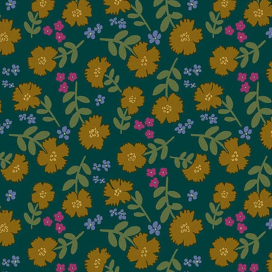 A repeating floral pattern featuring mustard yellow flowers, olive green leaves, and small pink and purple blossoms on a dark teal background.