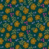 A repeating floral pattern featuring mustard yellow flowers, olive green leaves, and small pink and purple blossoms on a dark teal background.