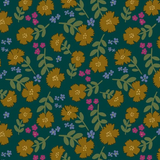 A repeating floral pattern featuring mustard yellow flowers, olive green leaves, and small pink and purple blossoms on a dark teal background.