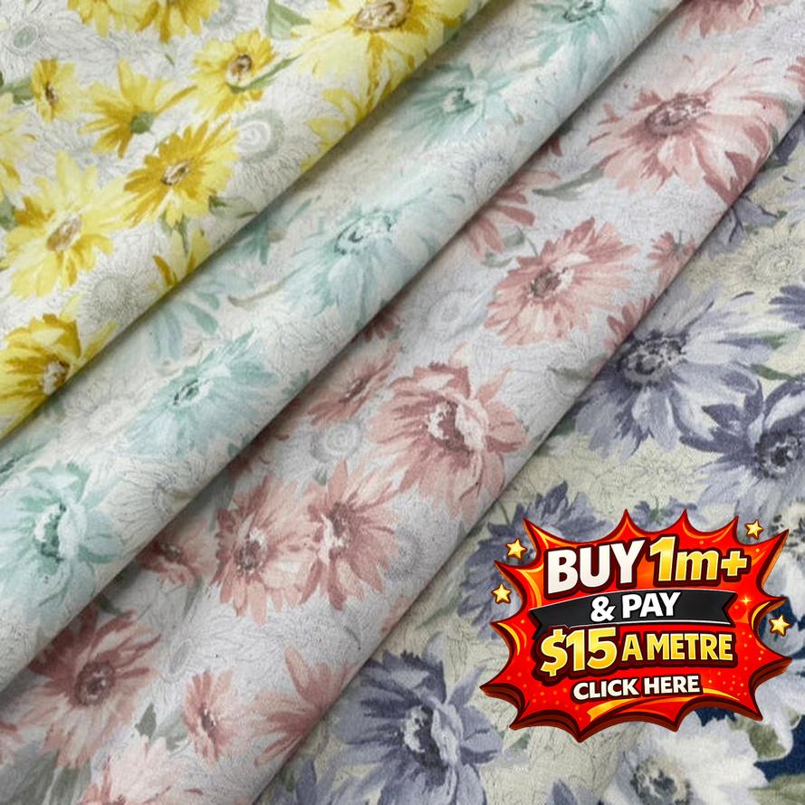 Seeded cotton shirting fabric in four floral prints: yellow, mint, pink, and lavender.