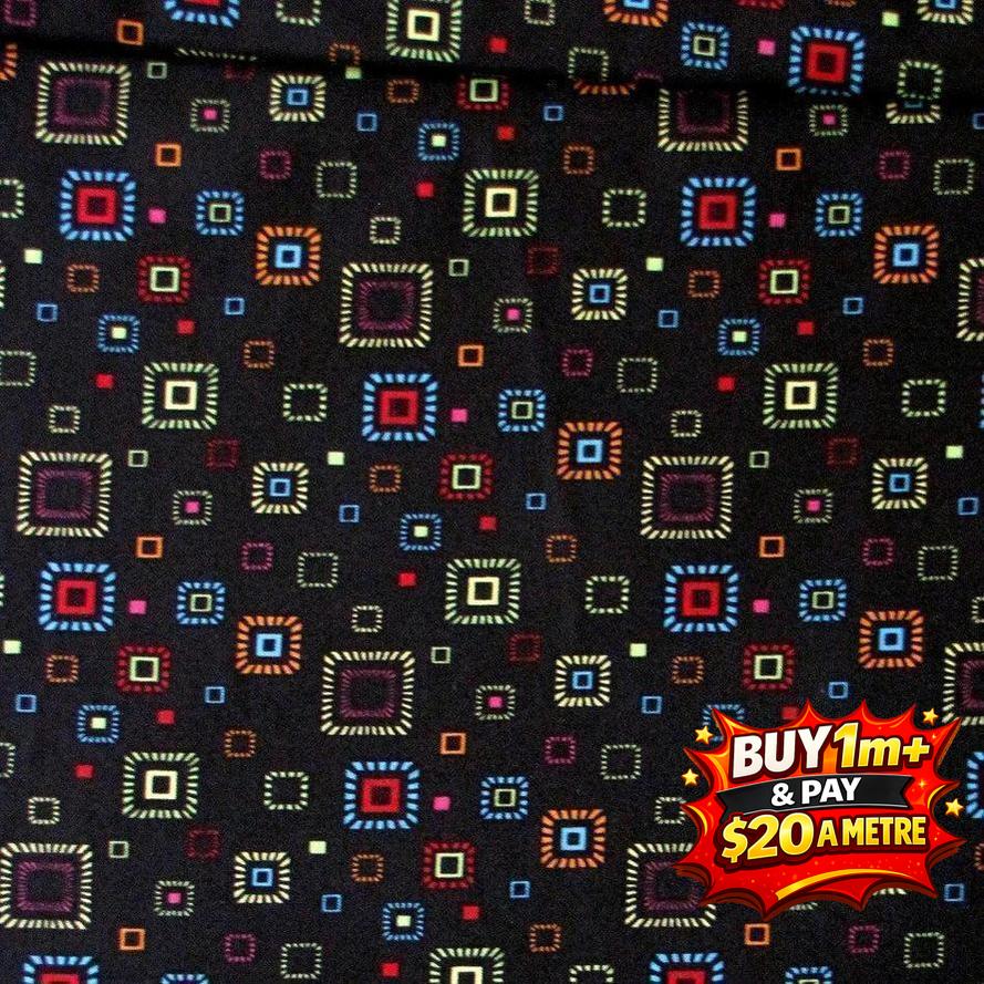 The Gallert Boxes Squares Geometric Multicolor on Black 100% Cotton Fabric WOF 110cm-112cm