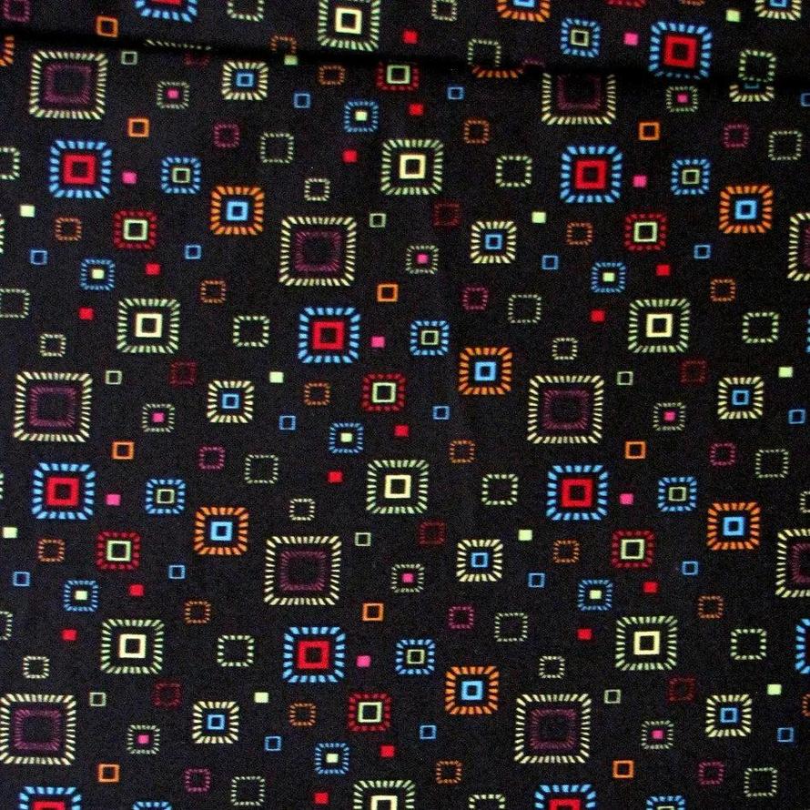 The Gallert Boxes Squares Geometric Multicolor on Black 100% Cotton Fabric WOF 110cm-112cm