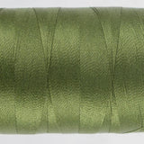 Spool of Polyfast 40wt trilobal polyester thread in Medium Palmetto green, showing its brilliant shimmer.