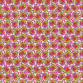 A repeating floral pattern featuring stylized pink and yellow flowers with green centers, accented by small red polka dots on a white background.