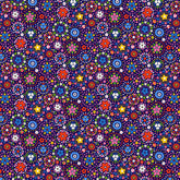 A dense, seamless floral pattern featuring small, colorful flower motifs in red, blue, pink, yellow, green, and white on a dark purple background.