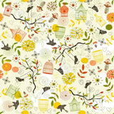 A seamless repeating pattern featuring hand-drawn birds, birdcages, flowers, leaves, and hearts in muted yellow, orange, green, brown, and gray tones on a warm cream background.