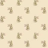 A repeating vintage-style pattern on a warm cream background, featuring small illustrated girls seated beside pink flowering branches.