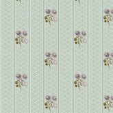 A repeating fabric or wallpaper pattern with pale sage green vertical stripes, a fine white lattice background, and small floral motifs in muted lavender, brown, and soft pink.