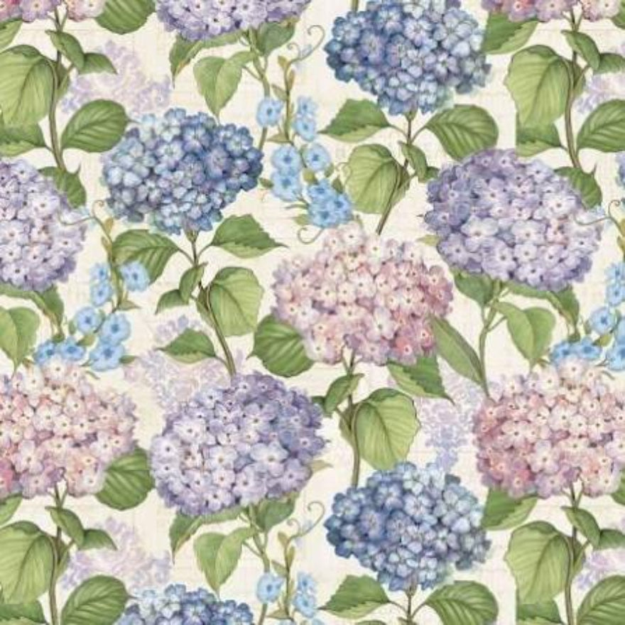 Pattern of hydrangea flowers in blue, pink, and green on a light background