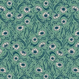 A repeating floral pattern on a teal-green background with white and blue flowers and dark blue scrolling vines. A black ruler strip with Ruby Star Society branding appears along the bottom edge.