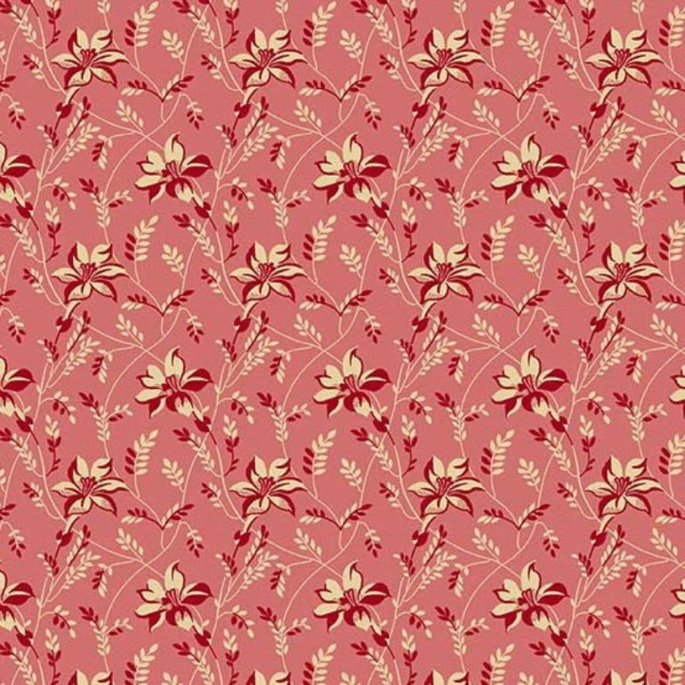 A repeating floral pattern featuring cream and dark red flowers with delicate stems and leaves on a dusty pink .