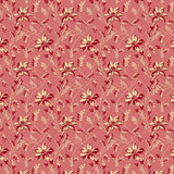 A repeating floral pattern featuring cream and dark red flowers with delicate stems and leaves on a dusty pink .