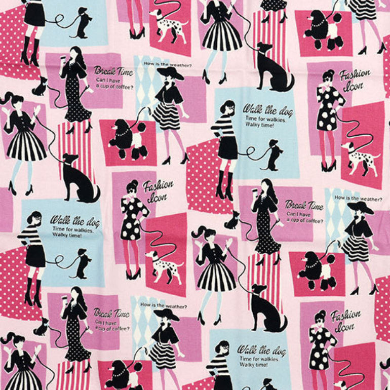 A repeating fashion-themed print with illustrated women, dogs, shopping bags, and text such as 'Beach Time,' 'Fashion Week,' and 'Walk the dog.' The design uses pink, light blue, black, white, and red on a white background, with Japanese text at the bottom indicating a cut size of approximately 110 x 50 cm.