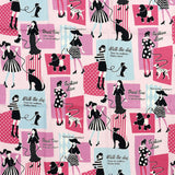 A repeating fashion-themed print with illustrated women, dogs, shopping bags, and text such as 'Beach Time,' 'Fashion Week,' and 'Walk the dog.' The design uses pink, light blue, black, white, and red on a white background, with Japanese text at the bottom indicating a cut size of approximately 110 x 50 cm.