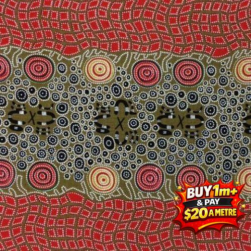 Aboriginal Fire Dreaming Olive 100% Cotton Fabric WOF 110cm- 112cm