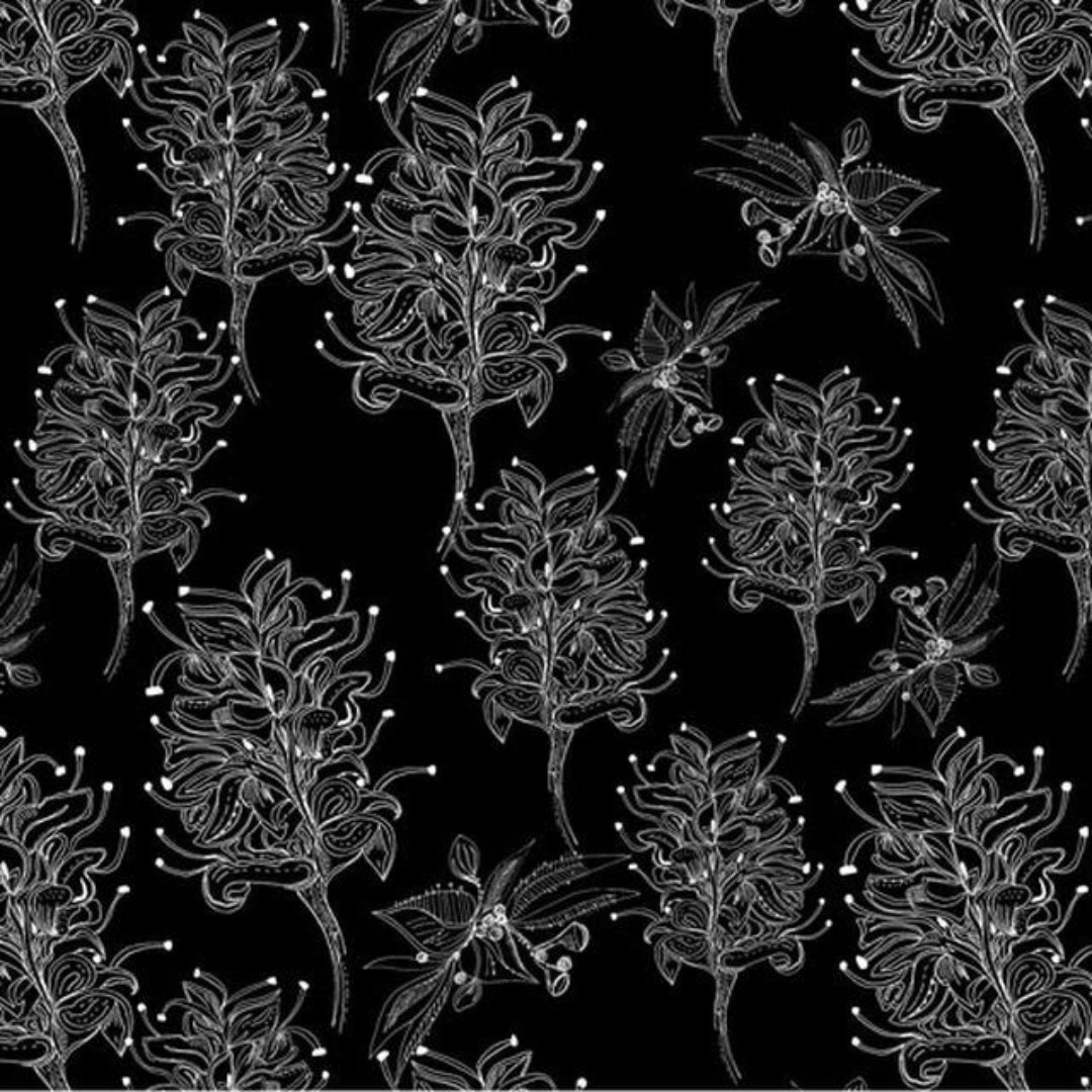 Great Southern Land Grevillea Sketch Black 100% Cotton Fabric WOF 110cm-112cm
