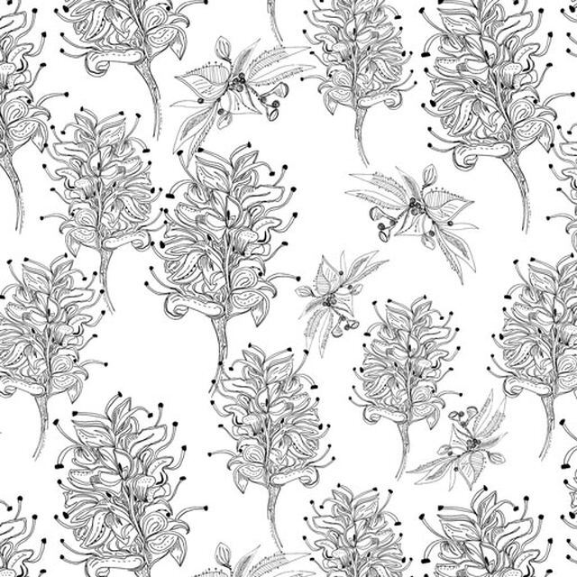 Great Southern Land Grevillea Sketch White, 100% Cotton Fabric WOF 110cm-112cm