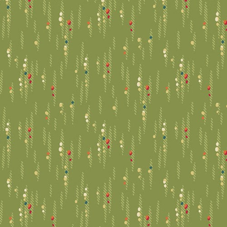 A repeating pattern of small vertical lines with tiny dots and leaf-like motifs in cream, red, blue, and green on an olive green background.
