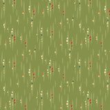 A repeating pattern of small vertical lines with tiny dots and leaf-like motifs in cream, red, blue, and green on an olive green background.