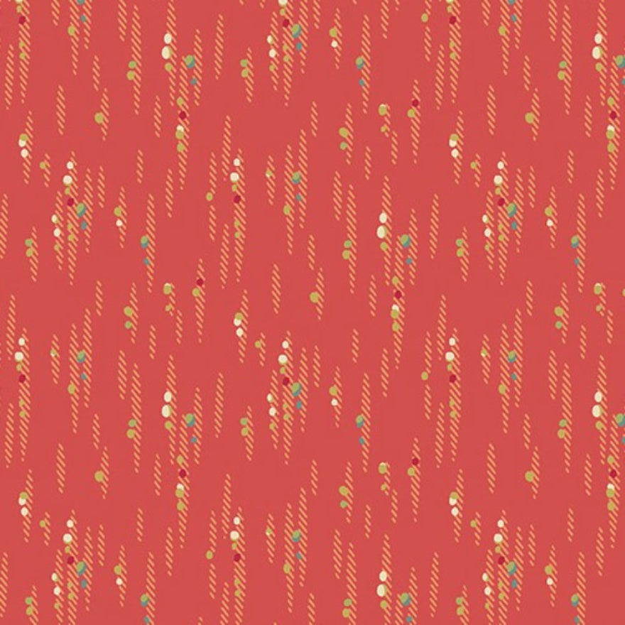 A repeating pattern of small vertical lines and tiny dots in muted green, cream, and red on a coral pink background.