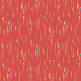A repeating pattern of small vertical lines and tiny dots in muted green, cream, and red on a coral pink background.