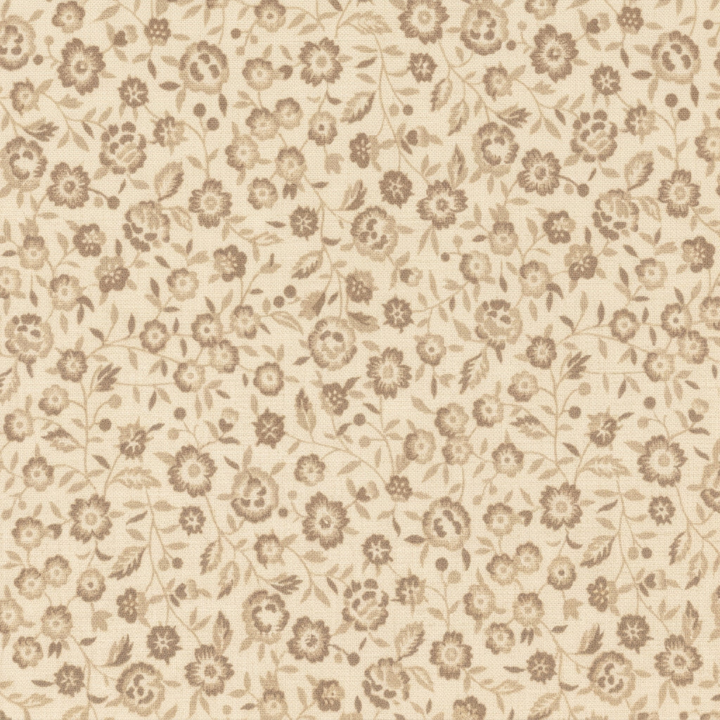 A repeating floral pattern in warm beige and brown tones, filling the entire frame.
