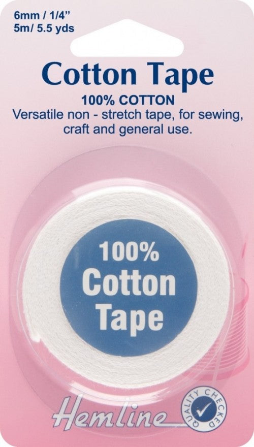 Hemline Cotton Tape 5m x 6mm - White