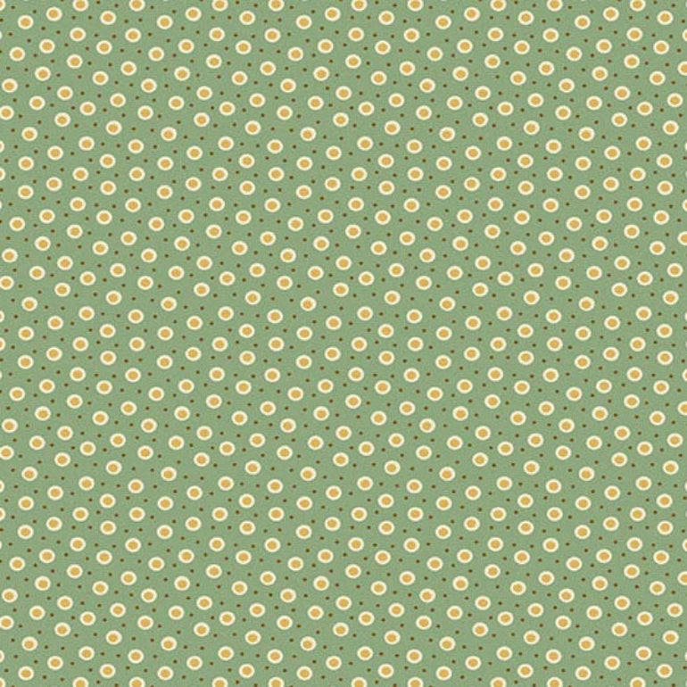 A repeating pattern of small yellow circles with white centers on a sage green background, with tiny dark dots between the circles.