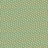 A repeating pattern of small yellow circles with white centers on a sage green background, with tiny dark dots between the circles.