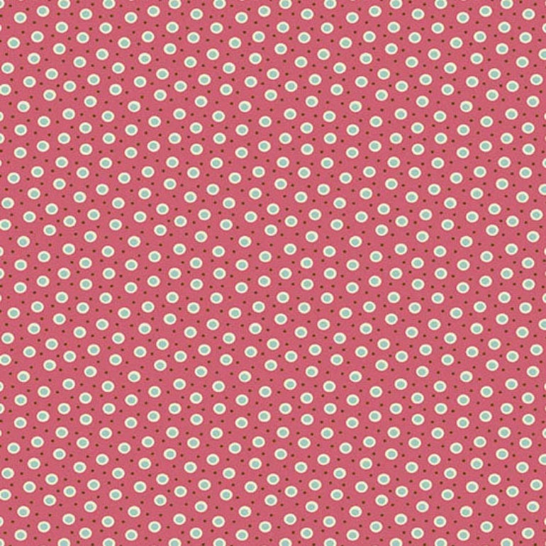 A repeating pattern of small white circles with thin dark outlines on a pink background, with tiny dark dots between the circles.
