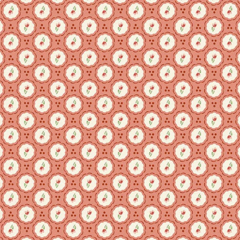 A repeating vintage-style floral pattern featuring cream-colored scalloped circles with small red cherries and green leaves on a warm coral-red background.