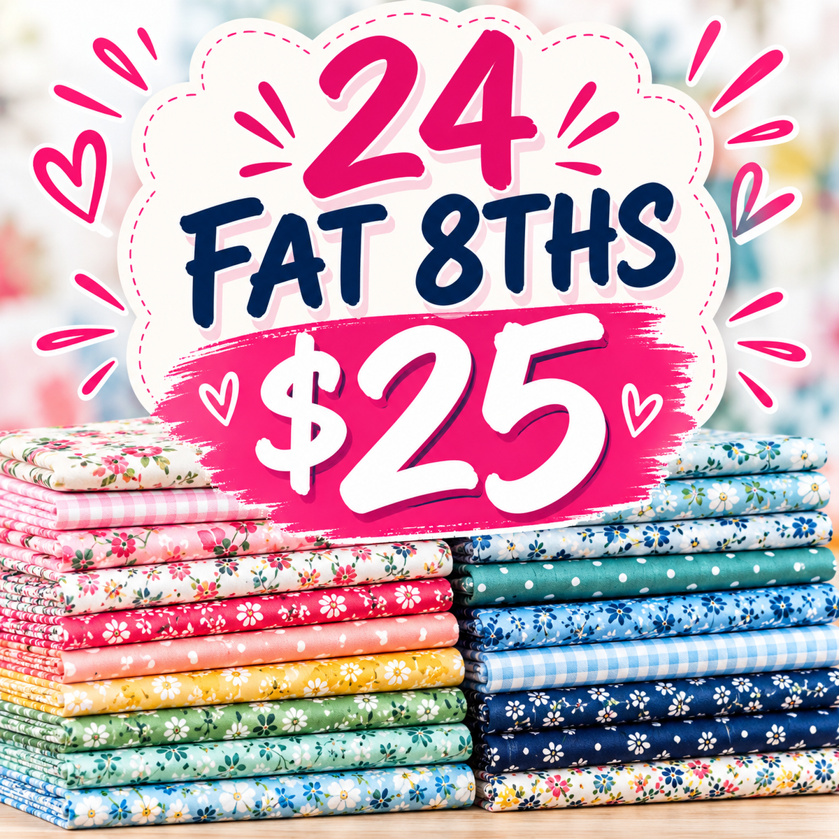 Mystery Fat Eighth Bundle – 24 Different Prints – Quilting Cotton Scrap Pack