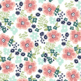 A repeating floral pattern featuring pink flowers, dark blue blossoms, and mint green leaves on a white background.
